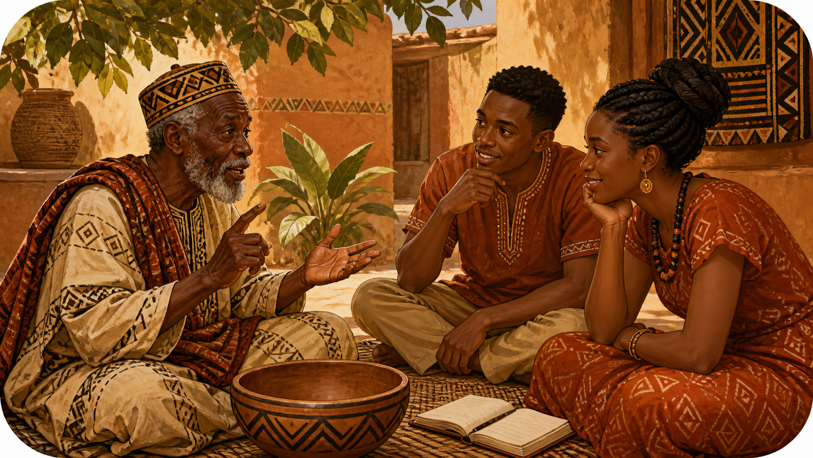 An elder sharing a proverb with young adult learners